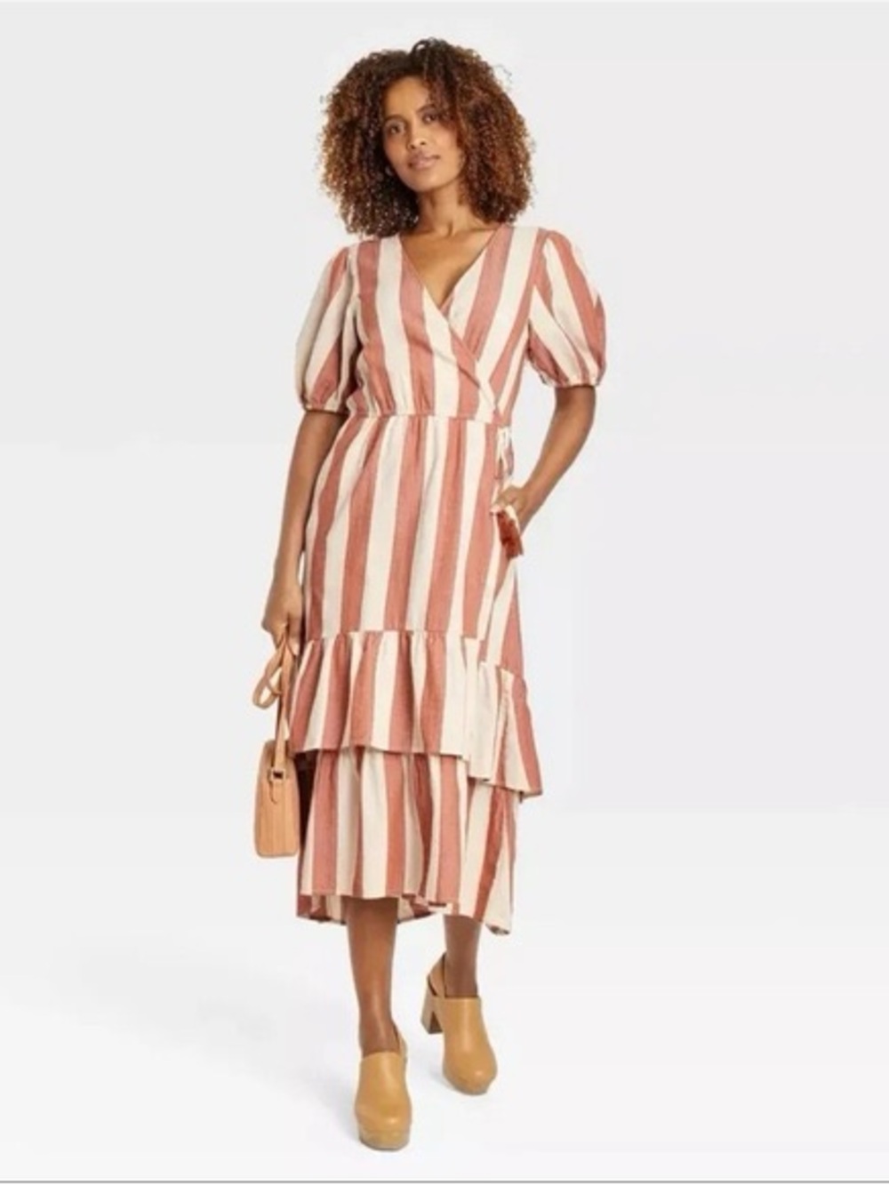 Knox Rose Boho Striped Midi Dress Puff Sleeve Wrap Cottagecore Large